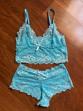Lace Bralette & Short Set in Aqua